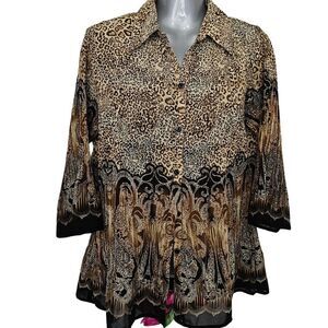 Vintage Women's Blouse Animal Print M Leopard Crinkle Flare Sleeve Artsy Glitter